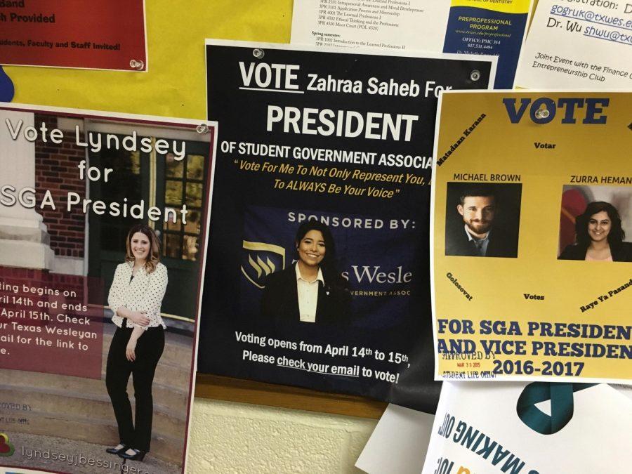 SGA President campaign posters featured on the first floor bulletin board of the Polytechnic United Methodist Church. 