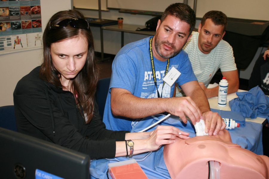 Graduate nurse anesthesia students learn successful ultrasound techniques for upper torso regional nerve blocks using a simulator.