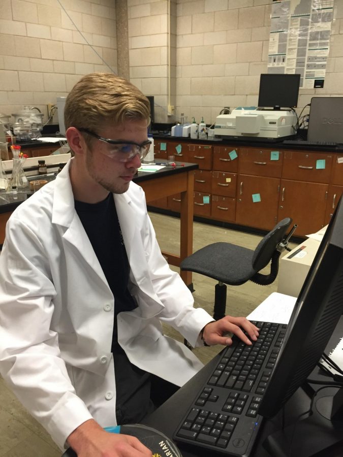 Junior chemistry major Cody Dorton works in a lab in the McFadden Science Center.
Photo by Akeel Johnson