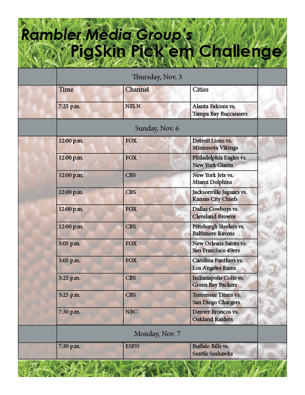 Play Rambler Media Group’s PigSkin Pick’em this week for your chance to win a $25 gift card to Raising Cane’s Chicken Fingers. To play, email your picks to RMG Editor-in-chief Dalise DeVos at dndevos@txwes.edu by 5 p.m. on Thursday, Nov. 3. The winner will be announced and contacted via email by 5 p.m. Tuesday, Nov. 8.  Flyer by Hannah Onder.