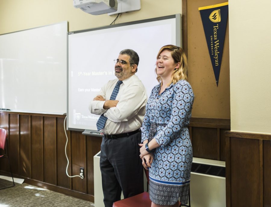 Dr. Carlos Martinez and Amy Orcutt at Tuesdays 5th-Year M. Ed. Spring 2017 Lunch n Learn.
Photo by Sarah Owens 