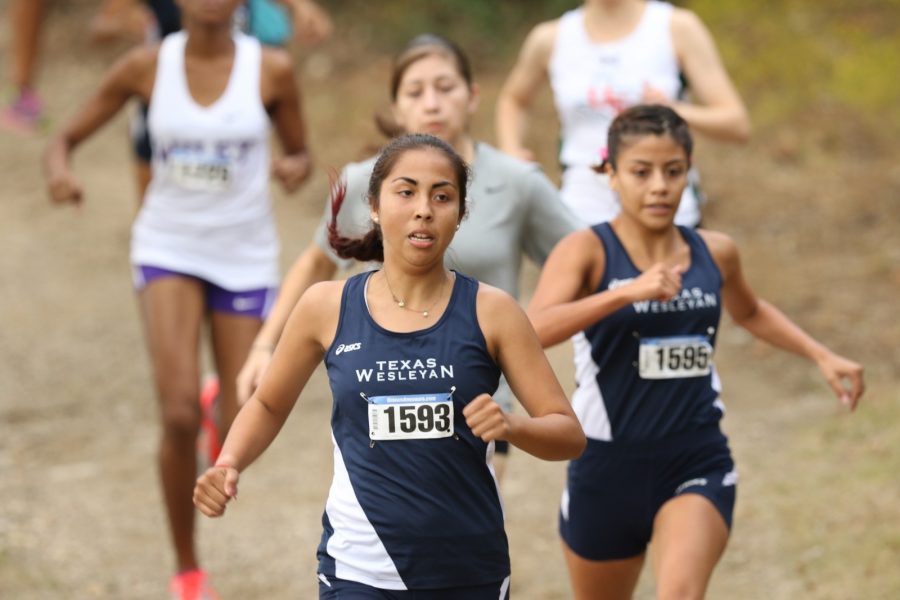Freshman distance runner Abby Chaldez (center), who has qualified for nationals, runs alongside teammate Maria Galarza (right).