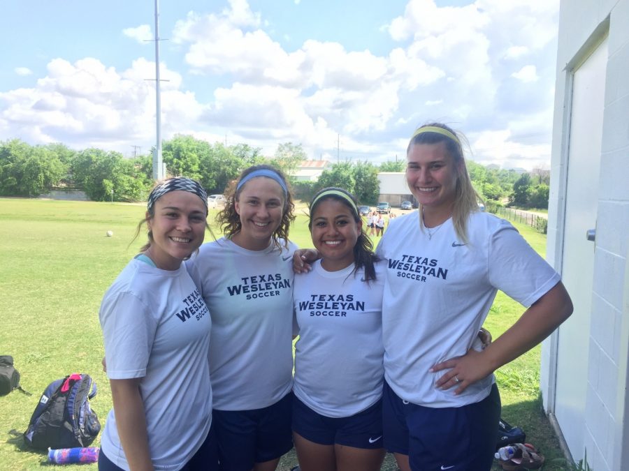 Drea Molina, Samantha Moore, Marisol Saucedo, and Mattie Morris (left to right) are returning next  fall for their final season on the womens soccer team.
Photo by Chalon Anderson