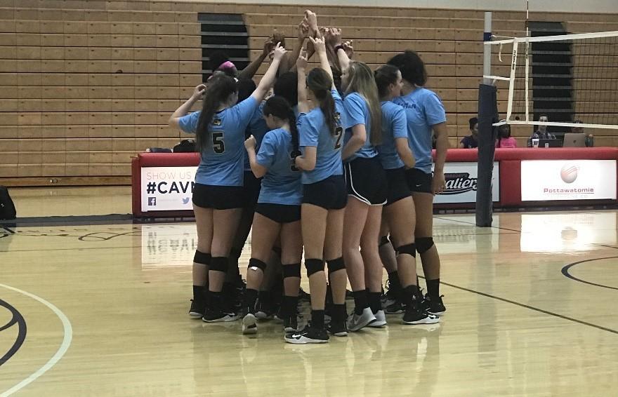 Members of the Lady Rams volleyball team come together during the St. Gregorys University match on Oct. 13.
Photo by Mattie Morris