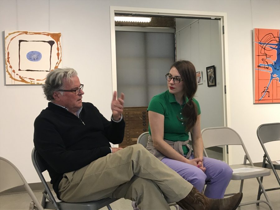 Artists Thomas Motley and Liz Trosper participated in an artist talk Tuesday. Their work fluid dialog is in display in the Bernice Coulter Templeton Art Studio until March 1. 
Photo by Hannah Lathen