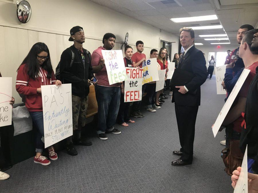 University President Frederick Slabach speaks to students during the protest. 
Photo by Hannah Lathen