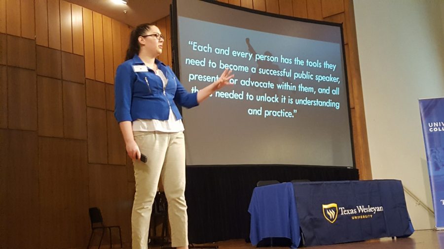 Kelsey Fulton gives a presentation about how students can summon their super strength and overcome the fear of public speaking. 
Photo by Amanda Roach