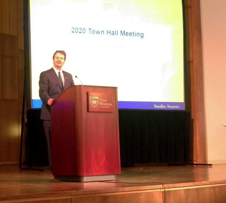 President Frederick Slabach speaks at the 2020 Town Hall meeting about university updates and the new block rate for the fall semester.
Photo by Hannah Onder