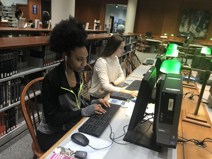 Freshmen Alexis Scott and Violetta Monastyrskaya study for finals in Eunice and James L. West Library.
Photo by Tyler Shelby
