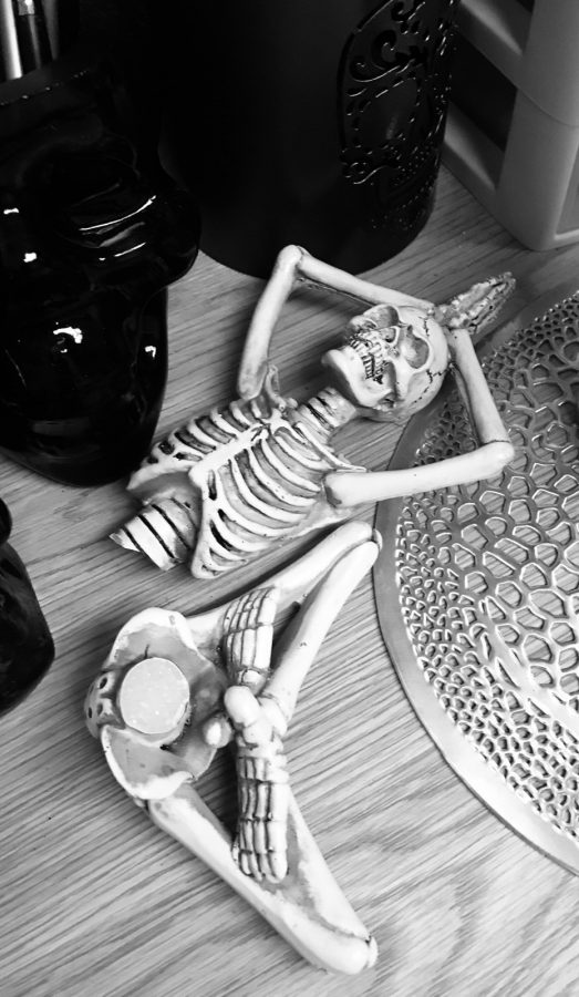 This skeleton is pictured after being thrown off a microwave, hitting a wall, and breaking in two in Hannah Lathen’s OC dorm room.
Photo by Hannah Lathen