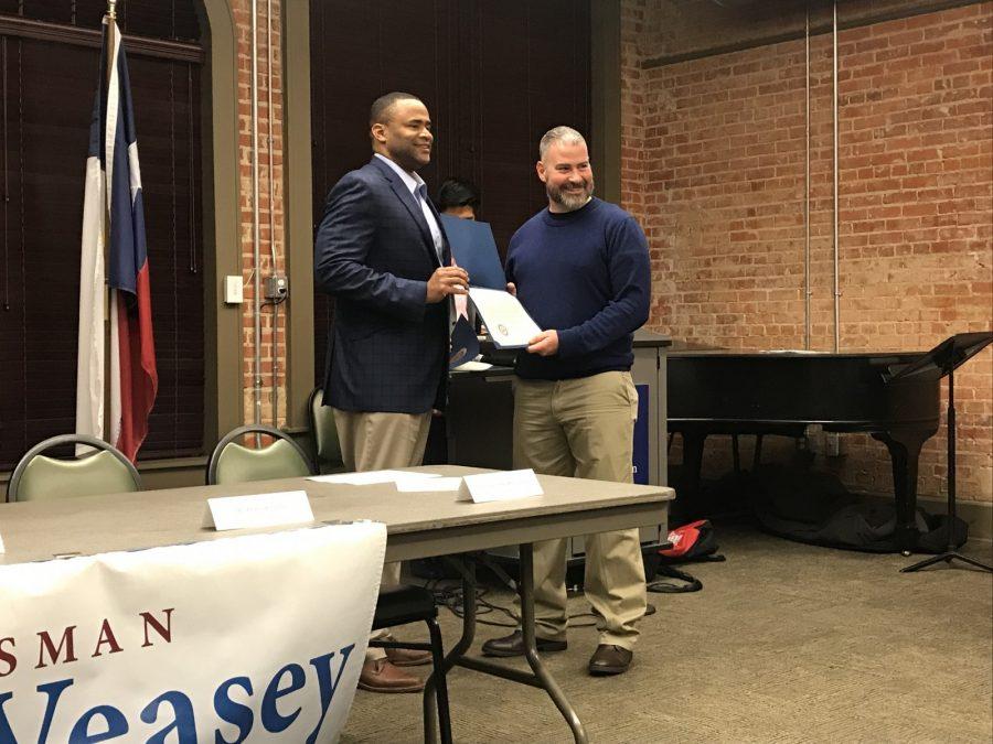 Congressman Marc Veasey (left) congratulates Texas Wesleyan student Christopher Ray for winning a Congressional Veterans Commendation award. 
Photo by Hannah Lathen 
