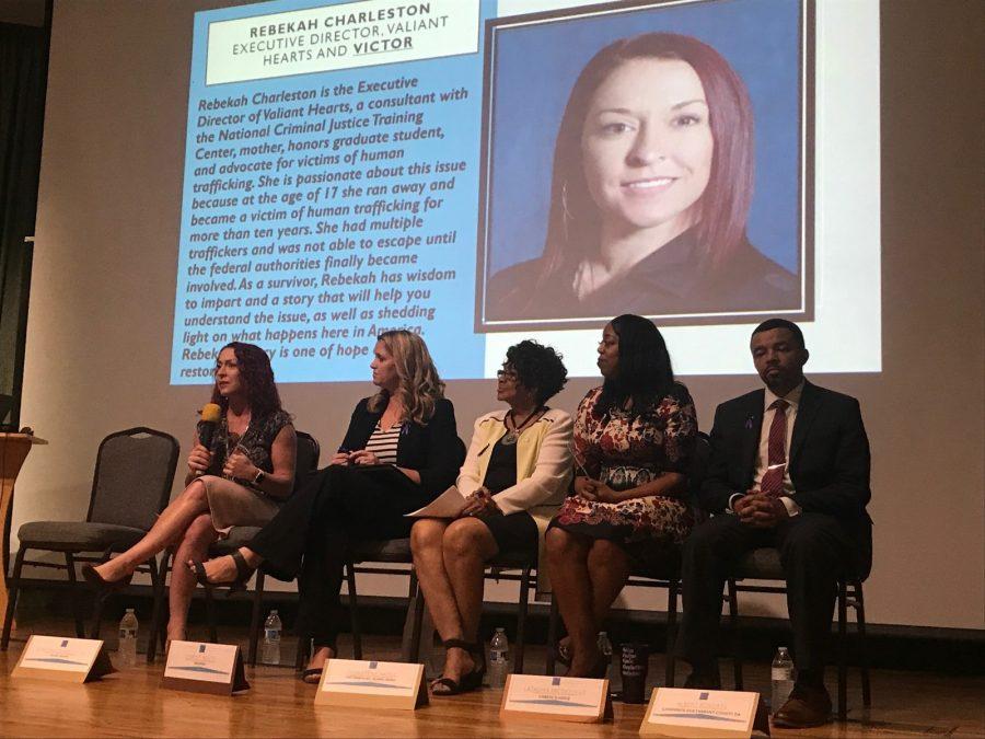 Rebekah Charleston (far left), a sex trafficking survivor and Wesleyan alum, shared her story at a panel held Oct. 1 hosted by Albert Roberts (far right), a former assistant district attorney.
Photo by Hannah Lathen