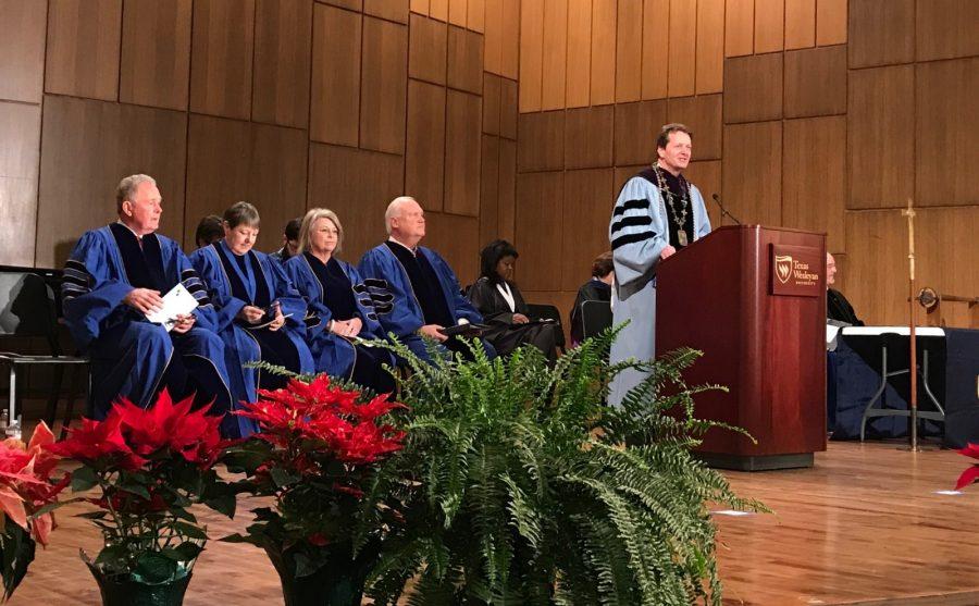 Texas Wesleyan President Frederick Slabach discusses the tradition of the robing convocation at the start of the robing and hooding ceremony Friday.
Photo by Hannah Lathen
