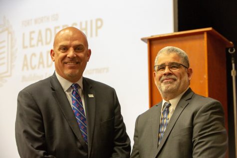 Fort Worth ISD Superintendent Kent Scribner, left, and Texas Wesleyan University Dean of Education Carlos Martinez attend a town hall introducing parents at Mitchell Boulevard Elementary to the Leadership Academy Network. 
Photo courtesy of Alexis Patterson of the S&G Group