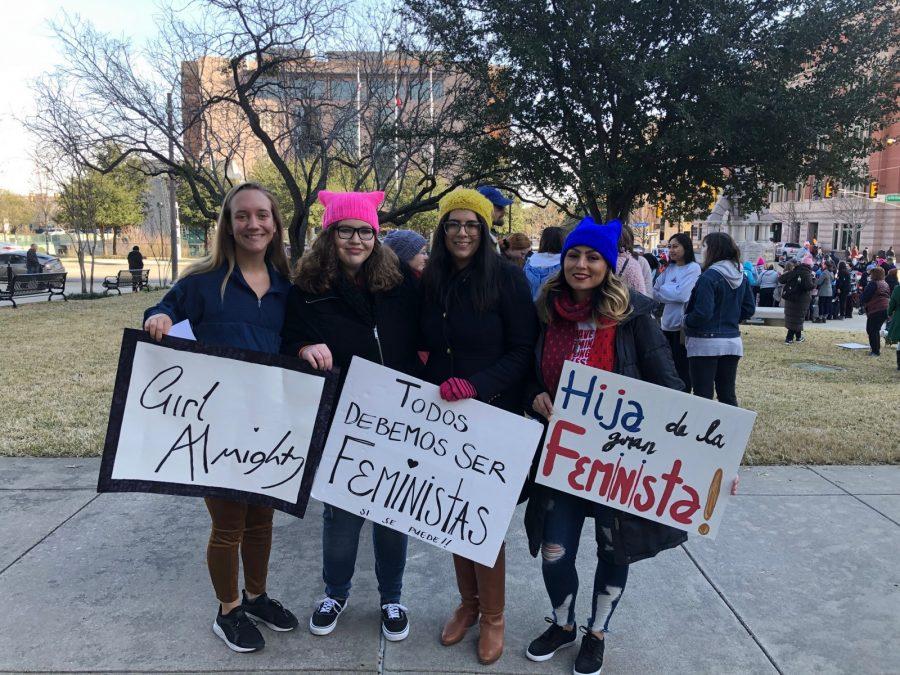 Students Alyssa Hutchinson and Hannah Lathen (left) and alumni Valeria Ramos and Tristeza Ordex-Ramirez marched at the Women’s March in downtown Fort Worth in January. They decided to form a women’s organization at the march. 
Photo courtesy of Hannah Lathen