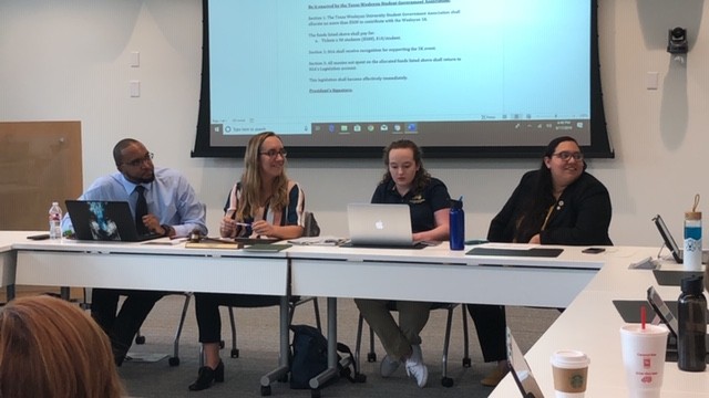 SGA executive officers (left to right) Carlos Mathurin, Alyssa Hutchinson, Lexi Barlow, and Karen Duarte-Escobar listen to the open forum discussion at Tuesday’s meeting.
Photo by Arely Chavez