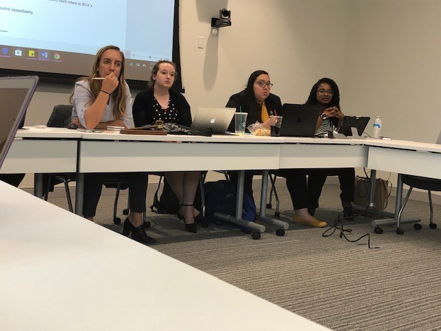 SGA executive officers (left to right) Alyssa Hutchinson, Lexi Barlow, Karen Duarte-Escobar, and Kierra Glover listen to the discussion of one of the bills presented at Tuesdays meeting.
Photo by Arely Chavez