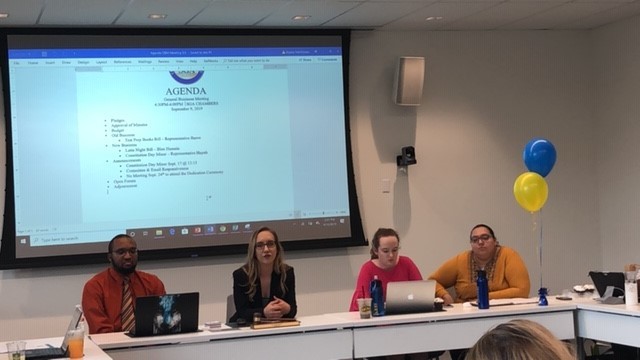 SGA executive officers (left to right) Carlos Mathurin, Alyssa Hutchinson, Lexi Barlow, and Karen Duarte-Escobar  listen as a bill is presented at Tuesdays meeting.
Photo by Arely Chavez