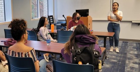 ASA president Stella Ton (right) speaks to the students attending the ASA’s first general meeting.