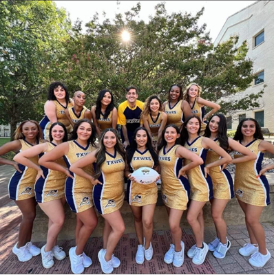 The photo of the 2022 Texas Wesleyan Gold Line Dancers features Lionel Muñoz in the center. Photographer Jose Little Joe Valdez