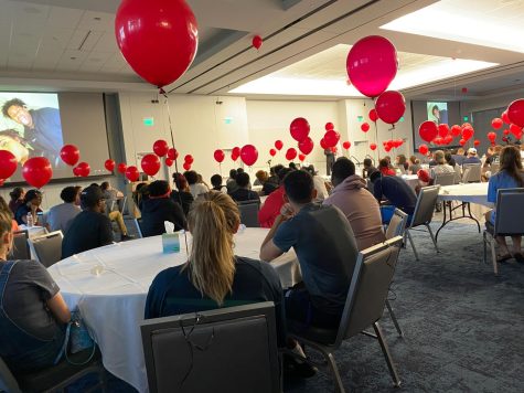 Students gather in the Martin Hall Ballroom to celebrate the life of Charles Trammell.