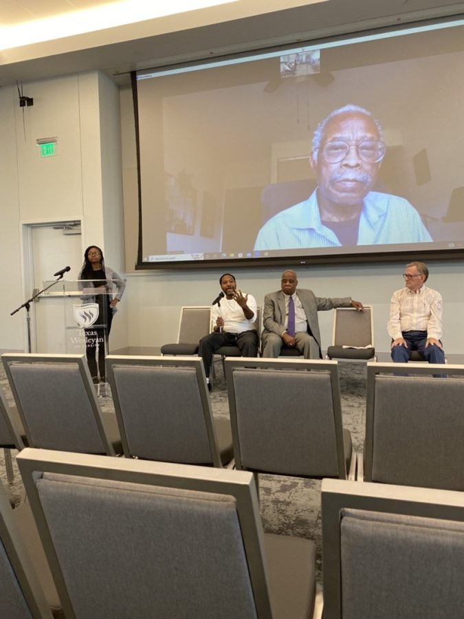 Panelists included Honorable Glenn Lewis, chairman of the Board of Trustees, Dr. Joe Brown, professor of Theatre Wesleyan, D. Wambui Richardson, artistic director of the Jubilee Theatre and visiting Theatre Wesleyan professor, and Carlyle Brown, who attended via video call.