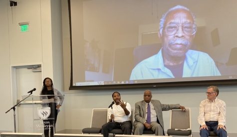 Panelists included Glenn Brown, chairman of the Board of Trustees, Dr. Joe Brown, professor of Theatre Wesleyan, D. Wambui Richardson, artistic director of the Jubilee Theatre and visiting Theatre Wesleyan professor, and Carlyle Brown, who attended via video call.