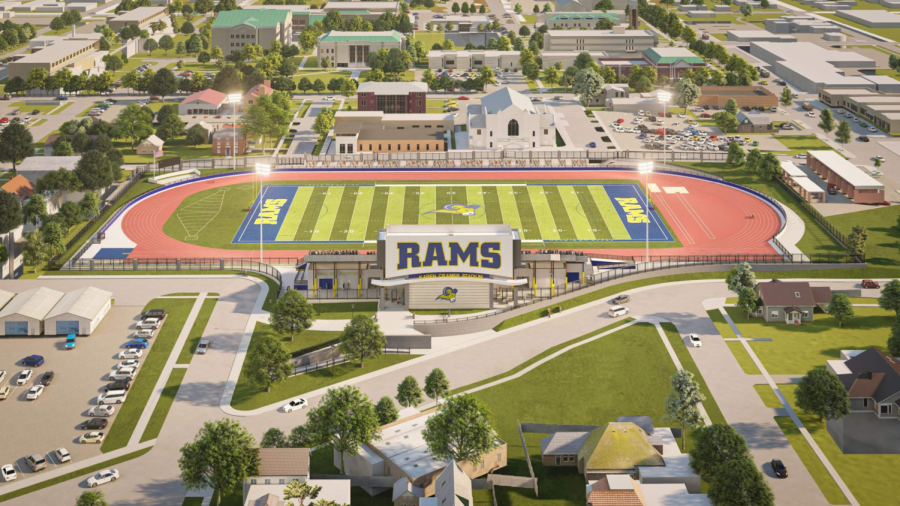 An updated rendering of the Karen Cramer Stadium as shown looking East towards campus. 