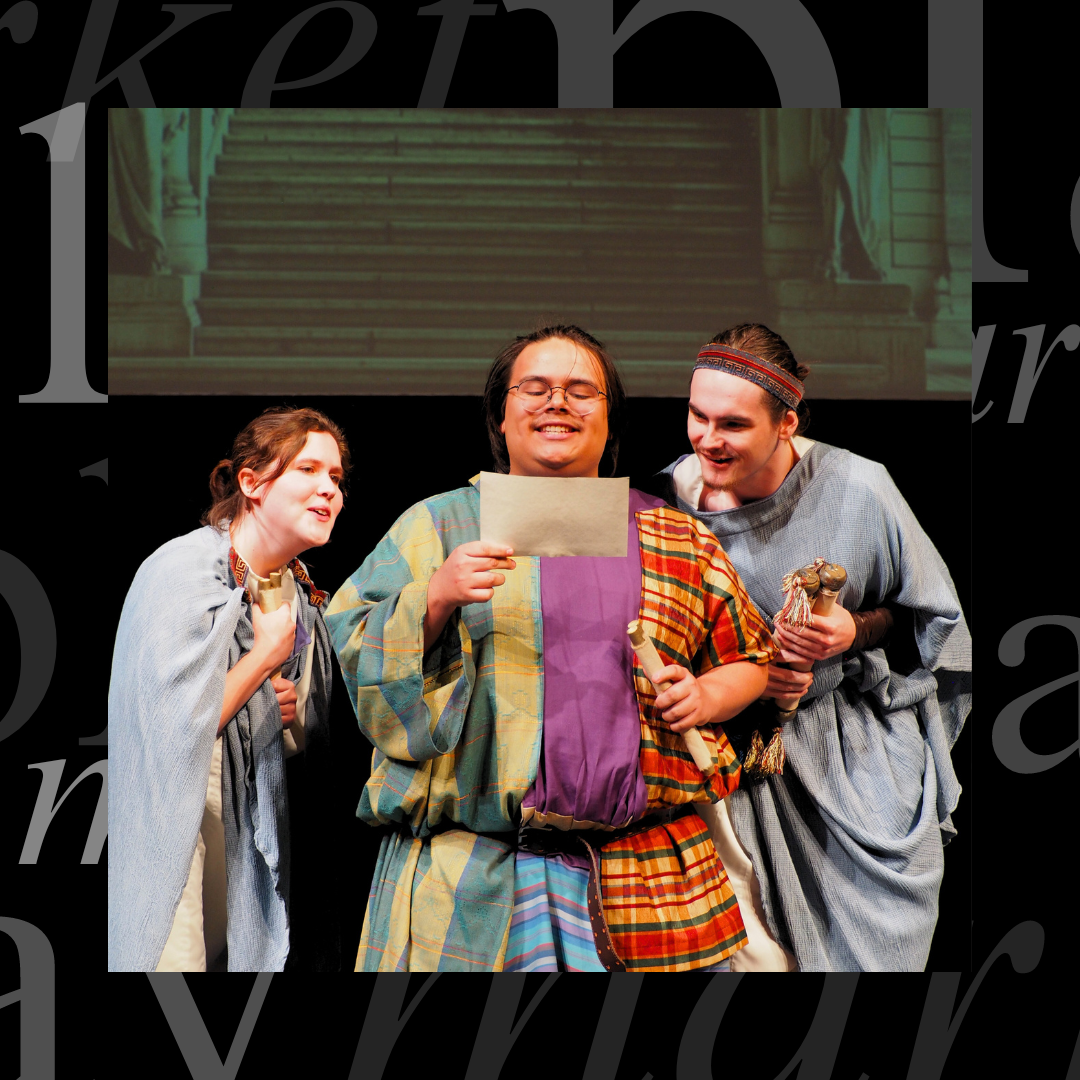 Mercedes Kuhn, Ian Kooistra and Ethan Brandt act in The Death of Seneca by Jonathon Burt. 

Photo Credit: Chase Di Iulio & Pella Le Fever/Theatre Wesleyan