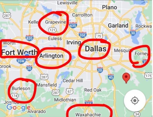 DFW satellite map view of surrounding cities where the places are located. 