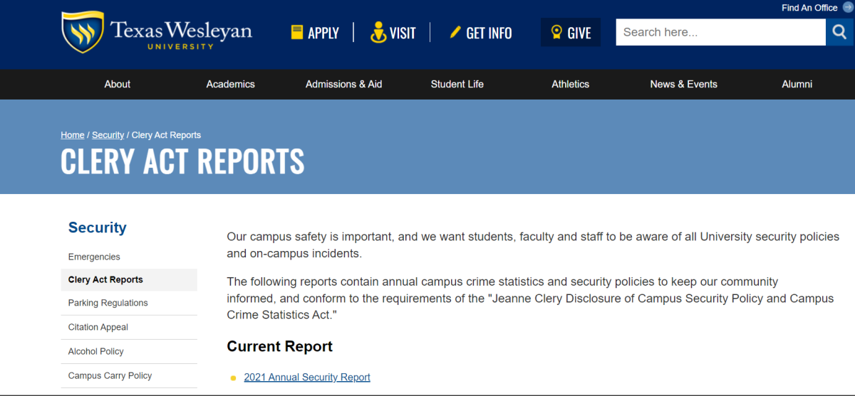 The Texas Wesleyan website fails to show an updated version of the schools Clery Act report since 2021. 