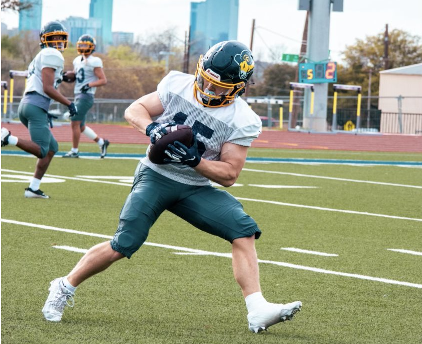 Keiran Koulton practices with the Rams as they prepare for their spring game. 