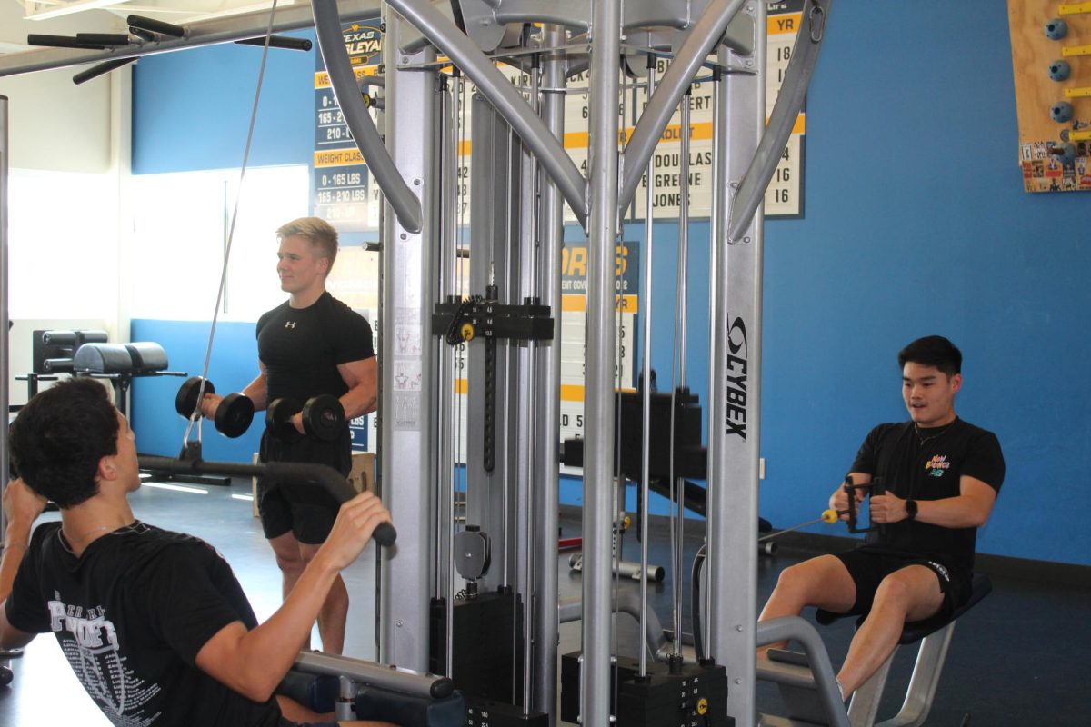 Junior finance student Armando De Ochoa (left), senior finance student Kieran Koltun (center),and sophomore finance student Thiago Uieda (right) doing various workouts together.