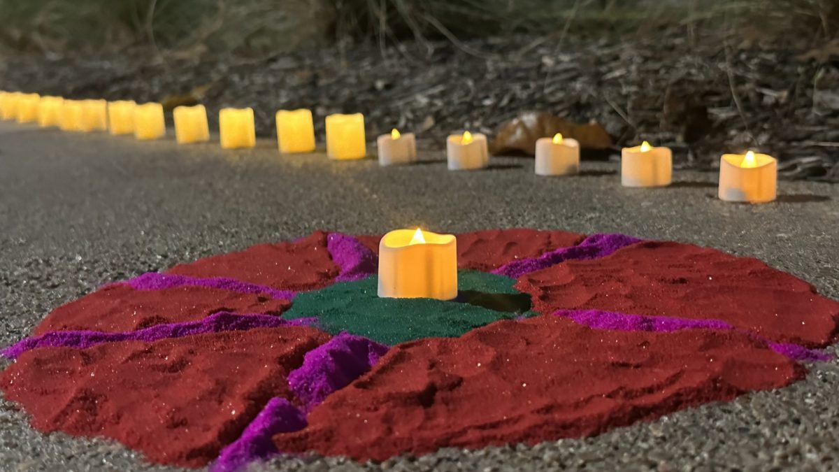 Vibrant rangoli designs light up the path at Texas Wesleyan’s Diwali Festival of Lights celebration.