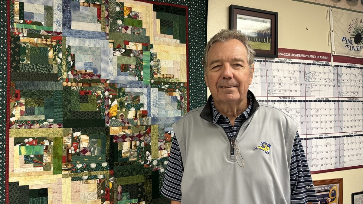 Bobby Cornett’s famous office has his favorite nostalgic memorabilia. Among them is the quilt seen behind him. This quilt, made by his wife, represents her interpretation of golf. 