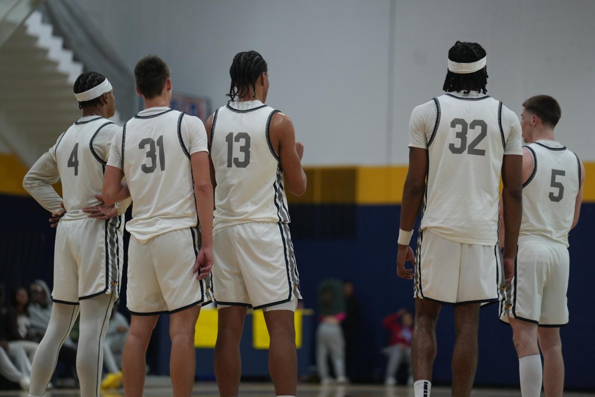 (Left to Right) Trey Sinegal, Anthony Sierras, Vegas Evans, Richard Amaefule and Kaden Morgan are the starting lineup for the Rams men’s basketball team heading into the tournament. 