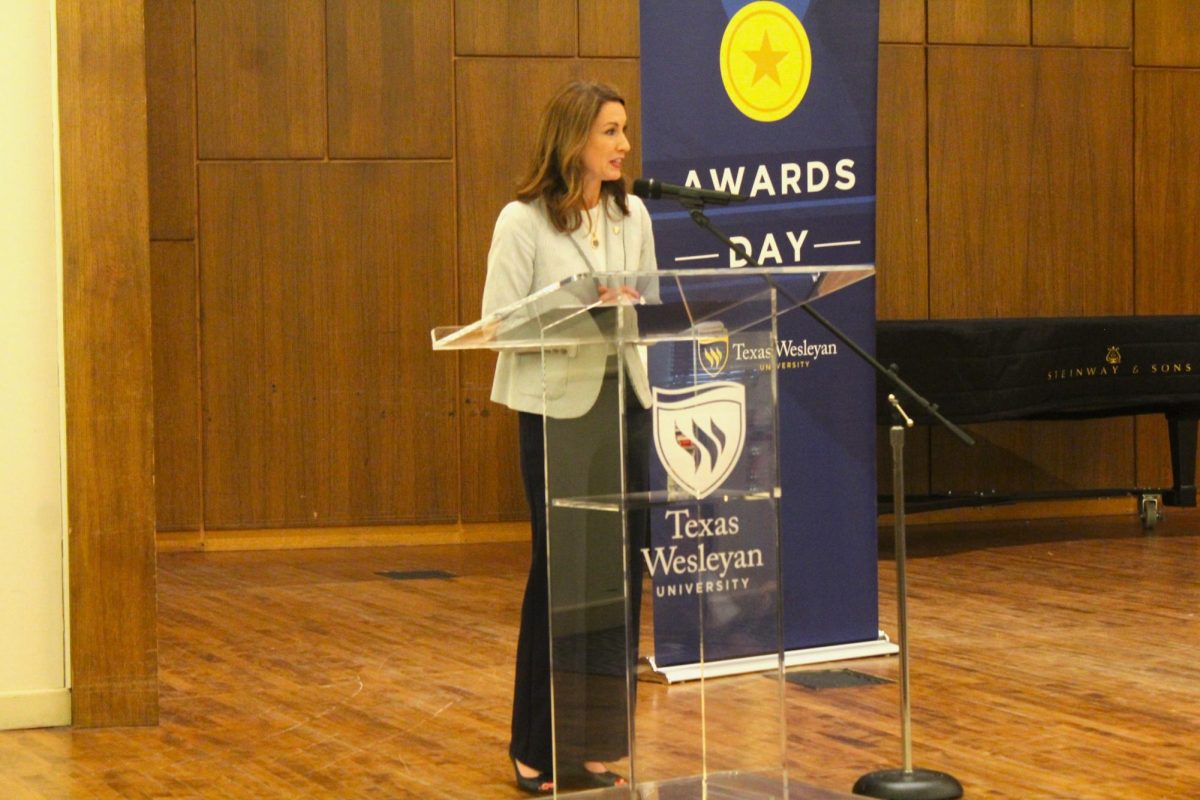 Texas Wesleyan University President Dr. Emily Messer kicks off the awards ceremony with a greeting speech. 
